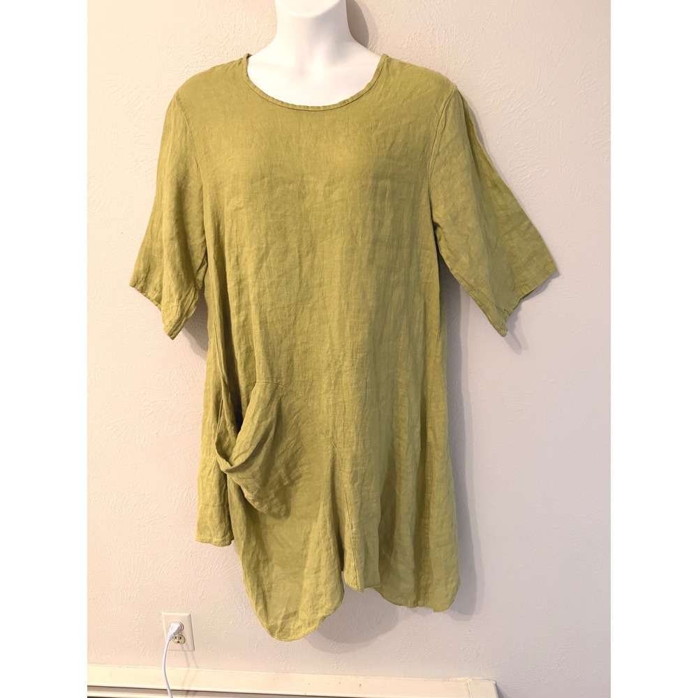Made in Italy 100% Linen Dress Green Asymmetrical Lagenlook Pocket Artsy